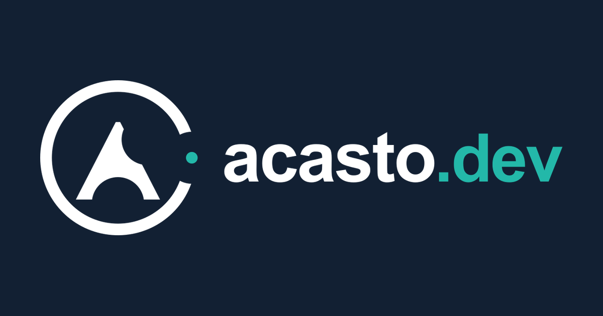 Il logo completo acasto.dev: monogramma e nome in bianco, con il punto e il suffisso .dev in turchese, su fondo blu scuro.