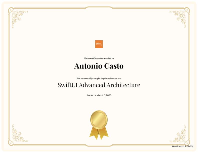 SwiftUI Advanced Architectures certificate from Swiftful Thinking